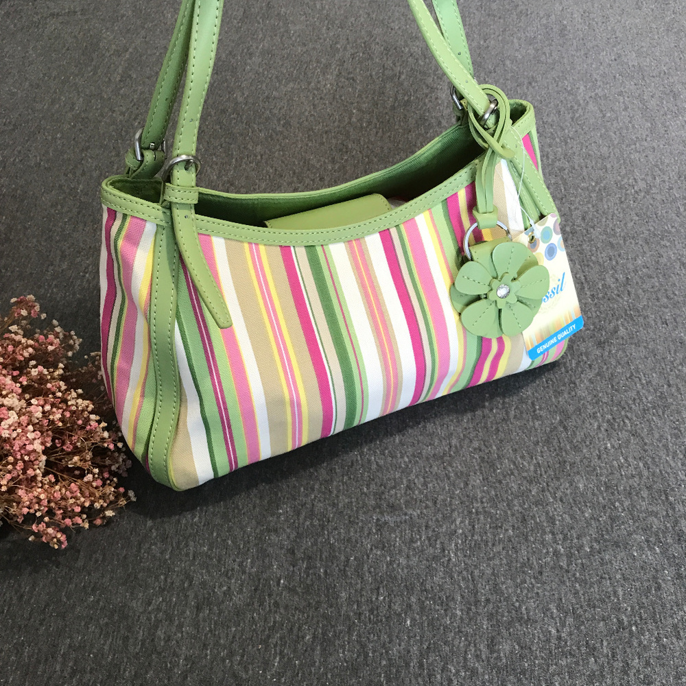 NWT Fossil Colinas Green Stripe Satchel